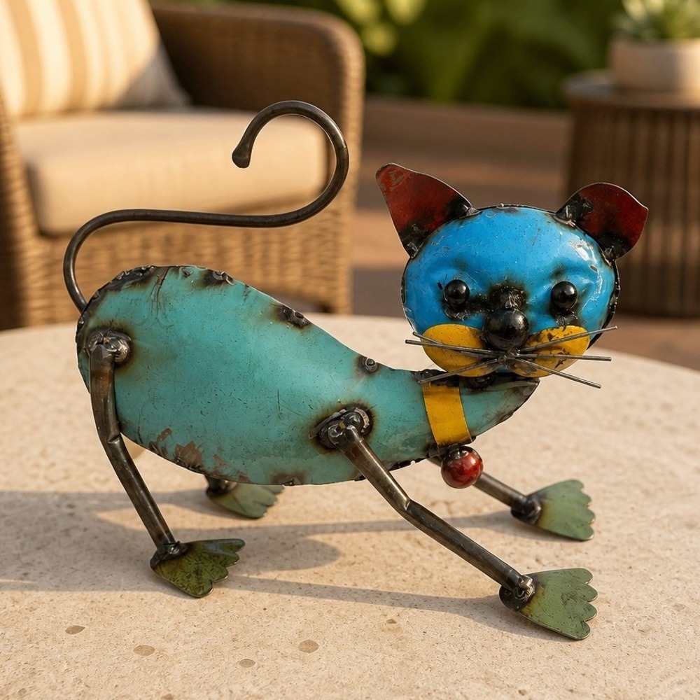 EEIEEIO Leaning Cat Metal Garden Art Sculpture 12"x10" Turquoise Blue Excellent